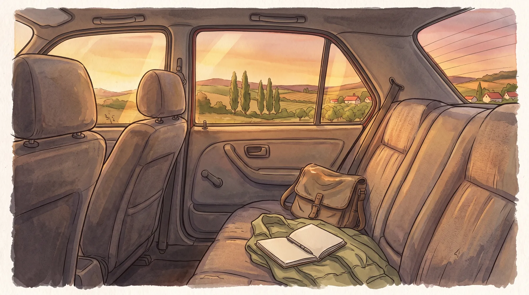A satchel and an open notebook on a car seat at sunset