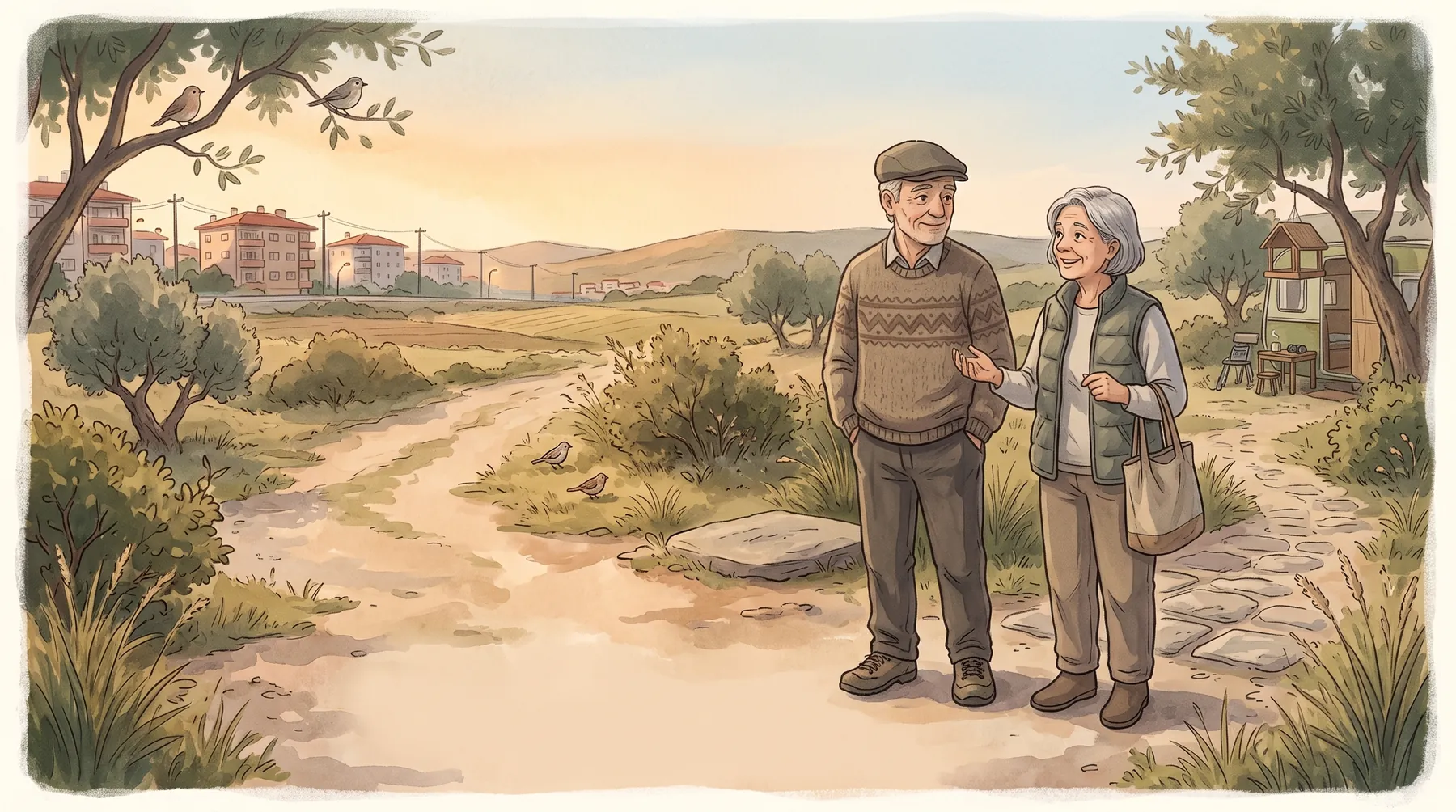 An elderly couple on a path near a small camp, with birds on the ground