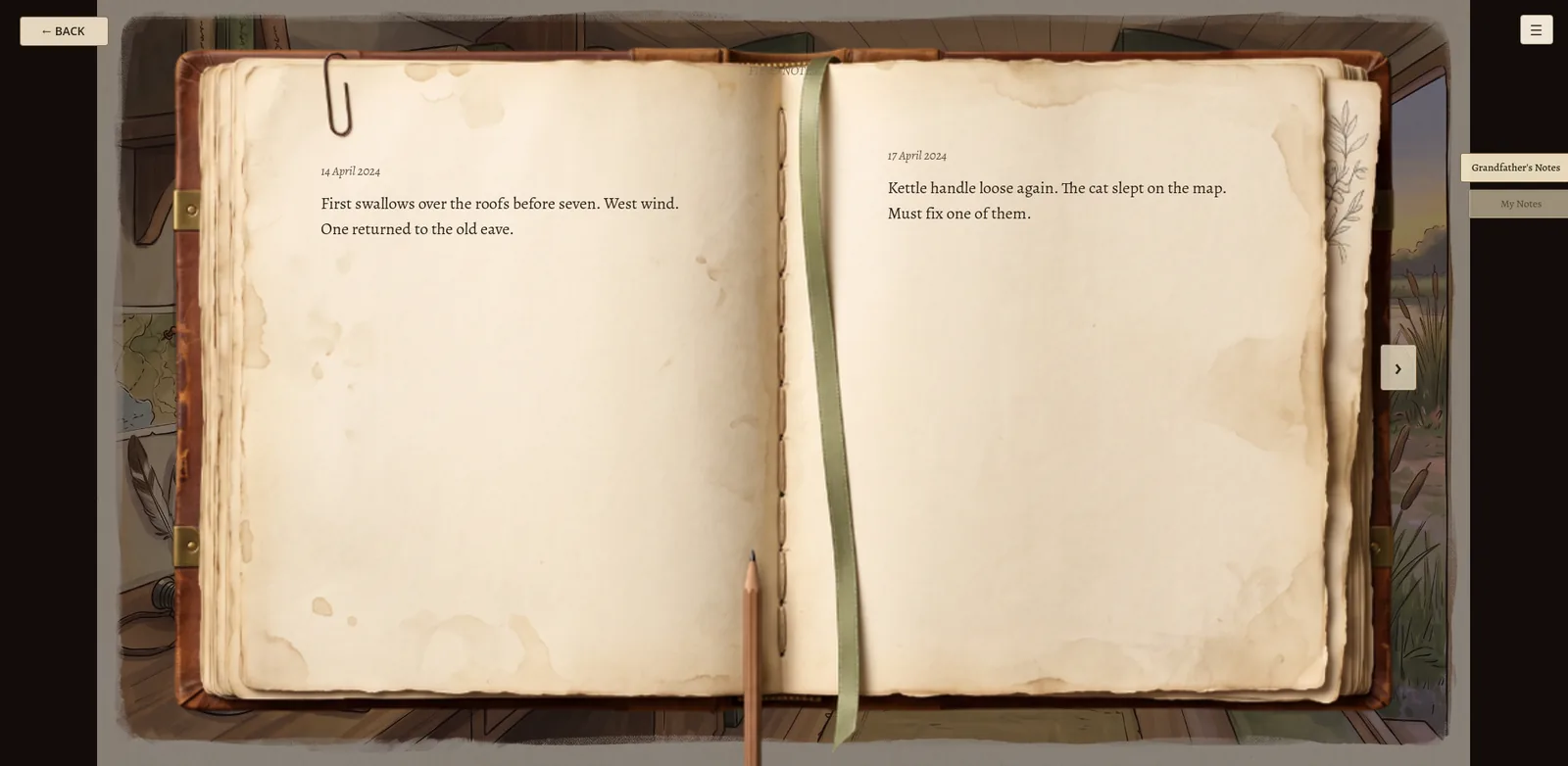An open field journal with observation notes in camp